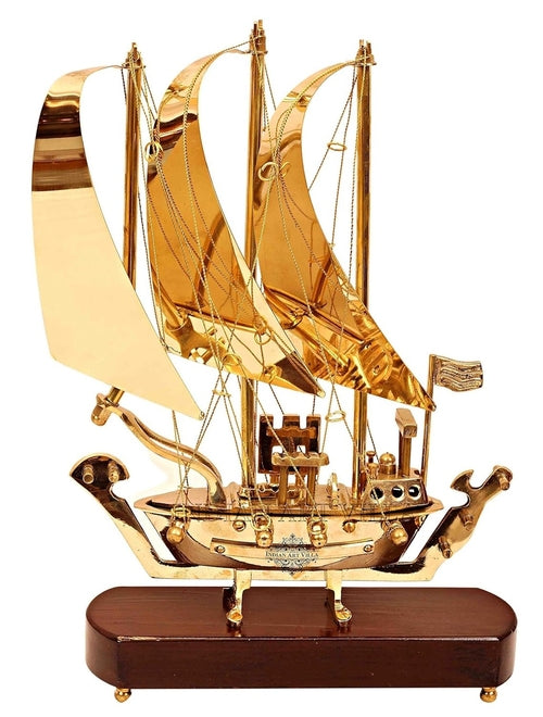 Brass Ship Showpiece with Wooden Base