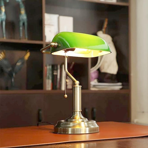 Antique Banker Desk Lamp Green Glass Shade